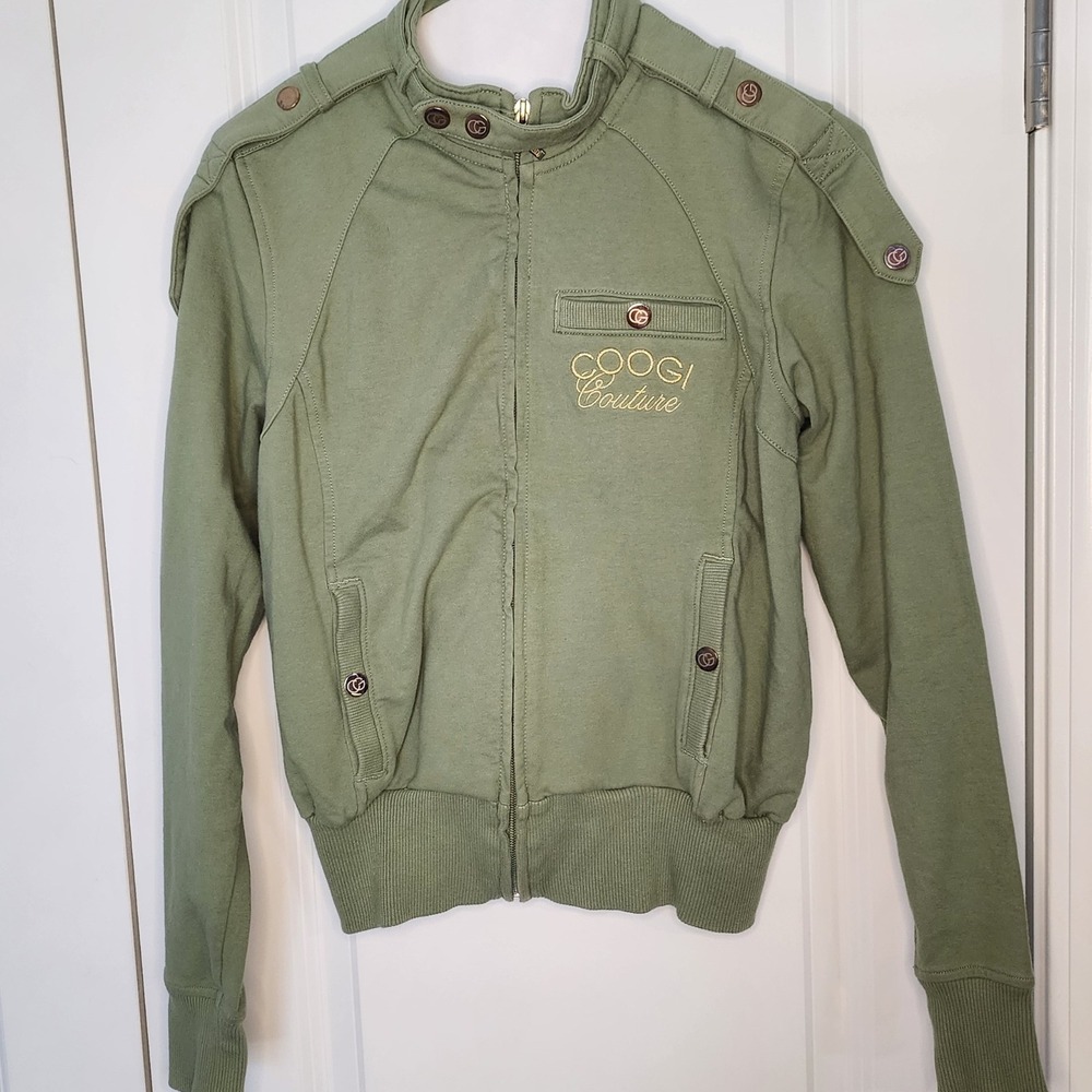 COOGI Couture Jacket Womens Medium Olive Green Embellished Eagle Bomber
